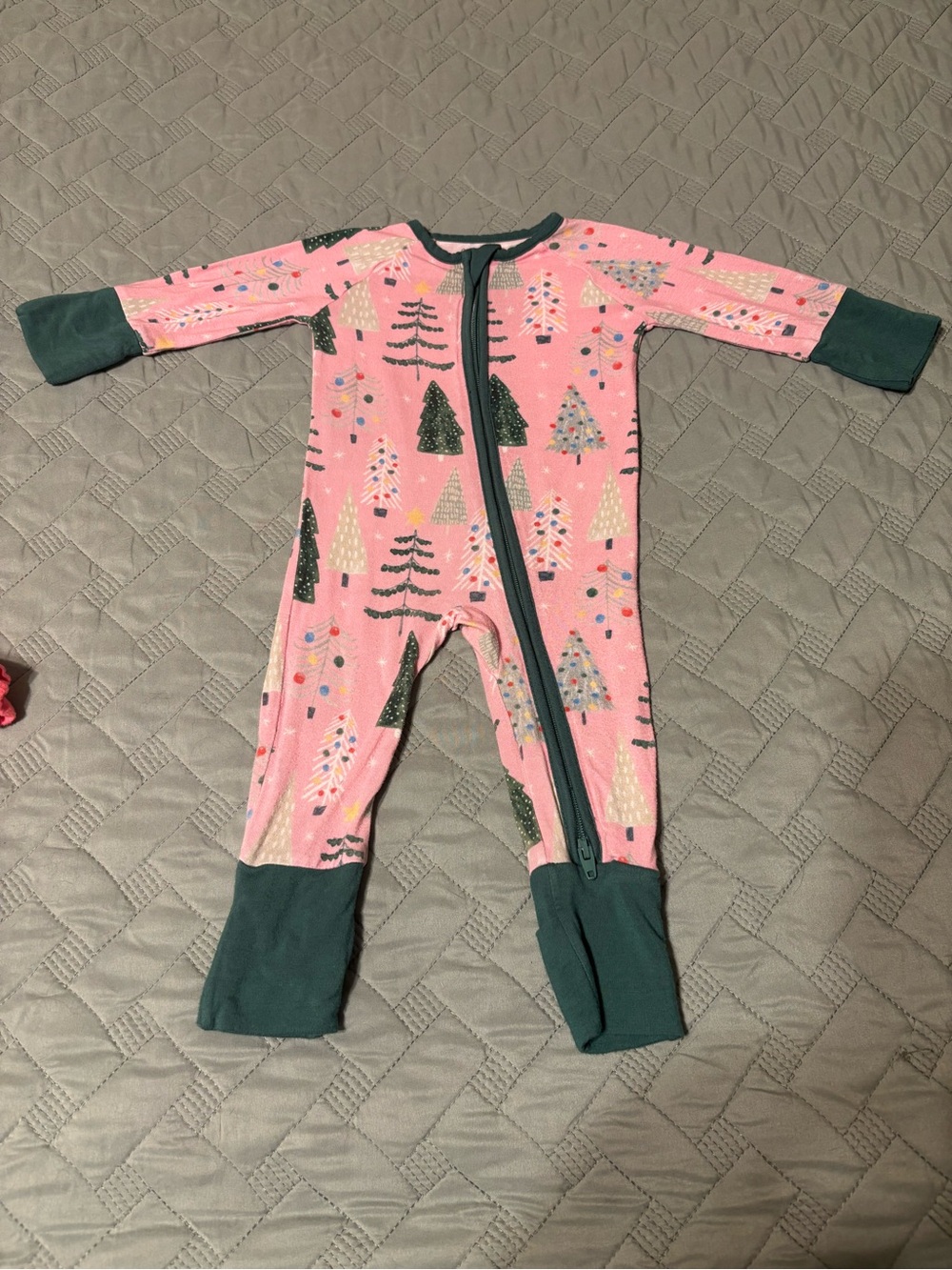 Little Sleepies Pink twinkling Tree-Print Footie with Dark Green Trim